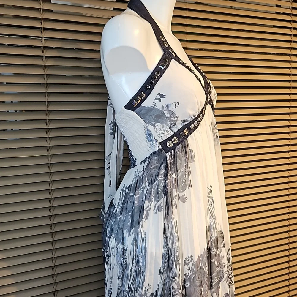 Versace style full-length maxi summer dress gown halterneck elasticated back - Picture 4 of 16